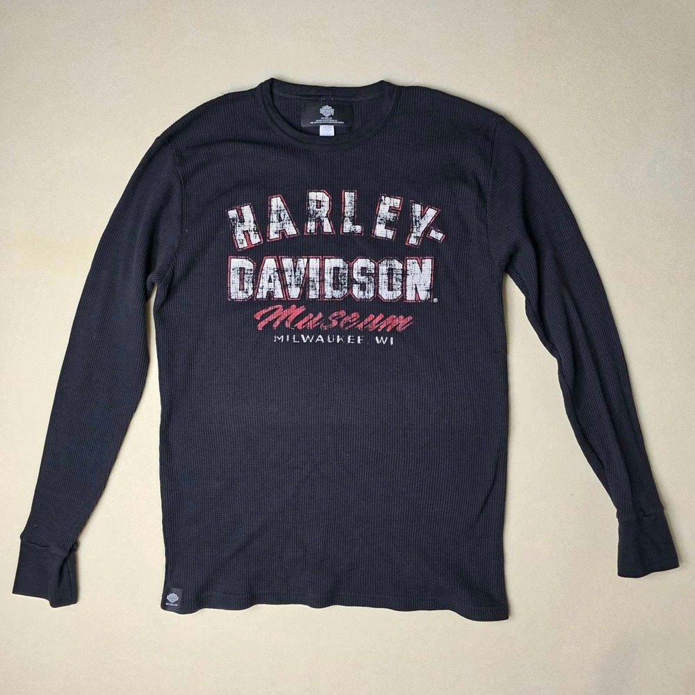 Harley Davidson Museum Milwaukee Men's L Black Knit Thermal Long Sleeve Shirt